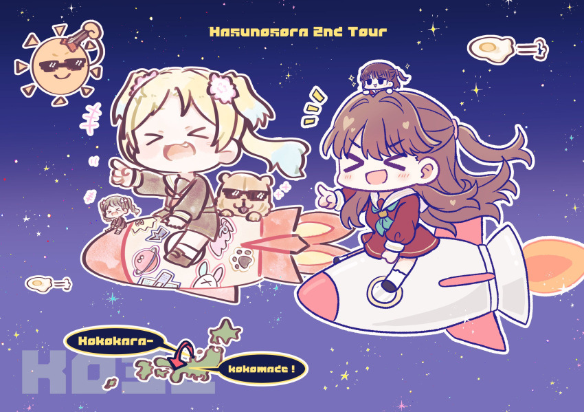 >_<, +++, 4girls, :3, :d, aqua_neckerchief, arrow_(symbol), blonde_hair