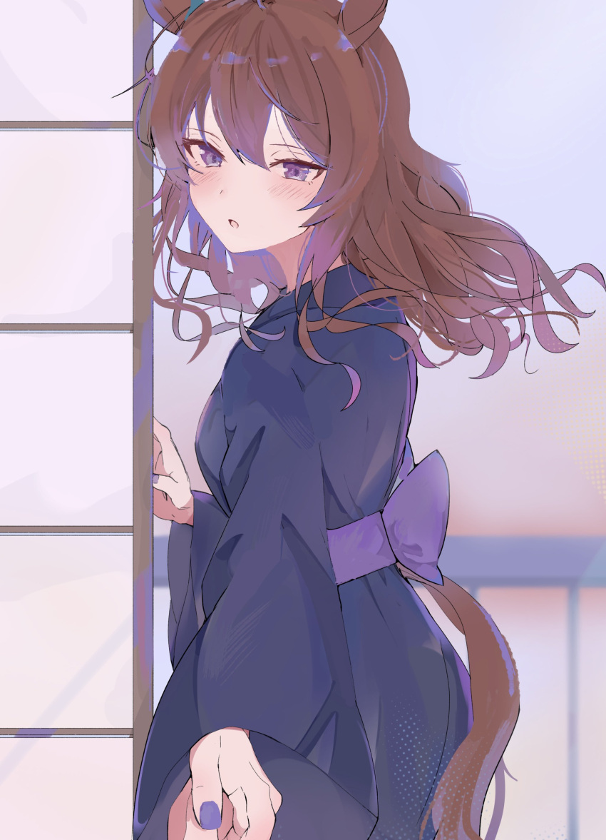 1girl, :o, absurdres, animal_ears, blue_kimono, blurry, blush, bow