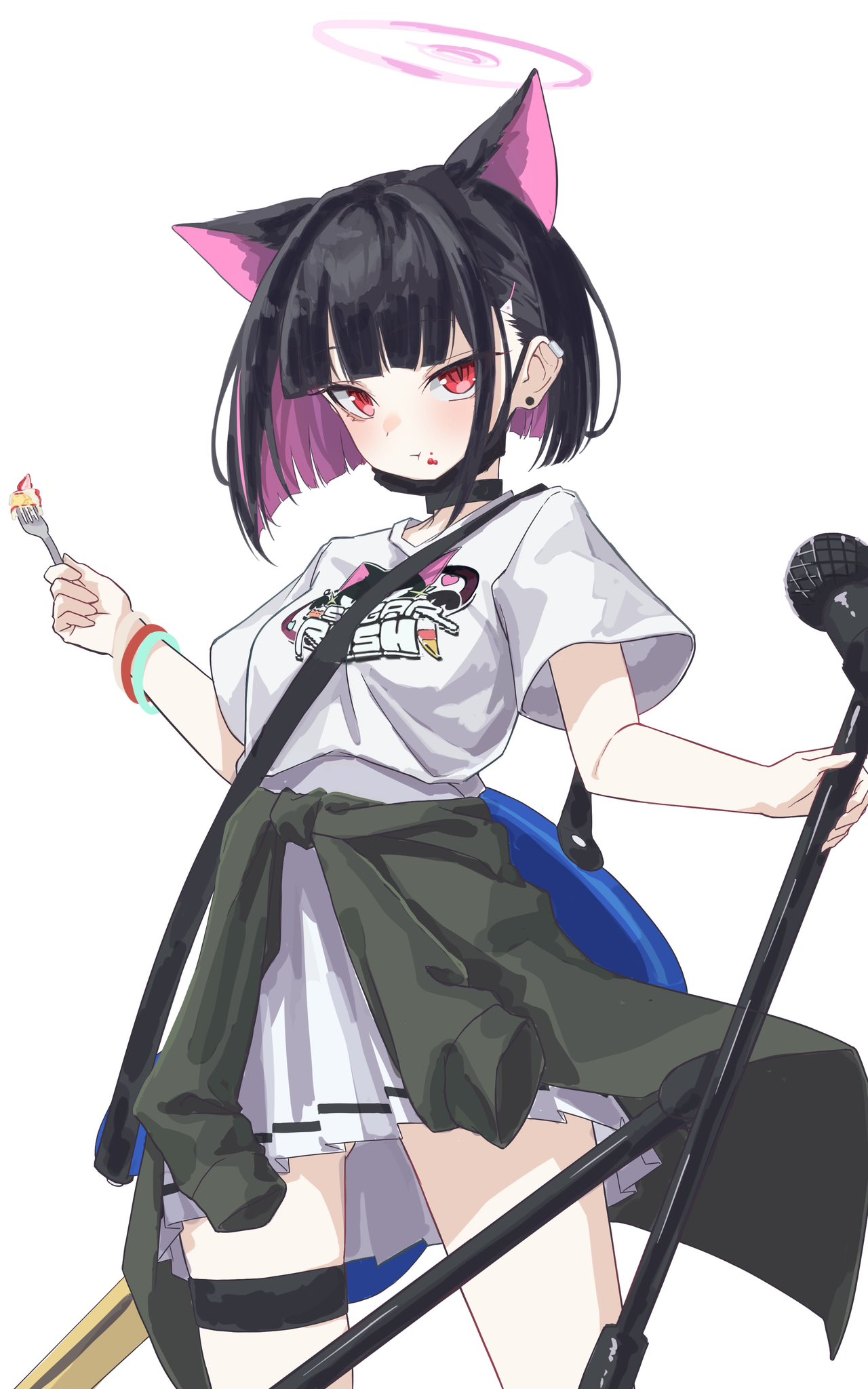 1girl, animal_ears, black_hair, black_mask, blue_archive, cat_ears, clothes_around_waist, fork