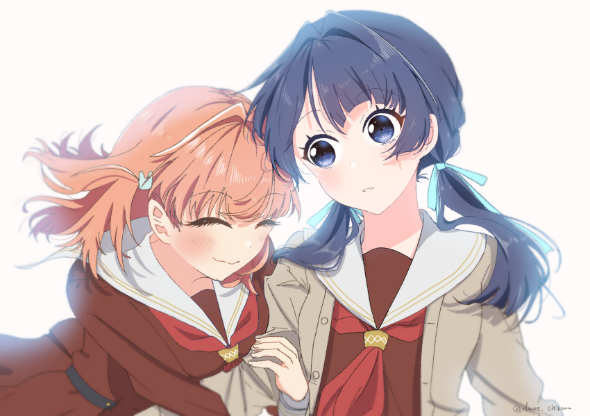2girls, ^_^, arm_hug, blue_eyes, blue_hair, blue_ribbon, breasts, brown_cardigan