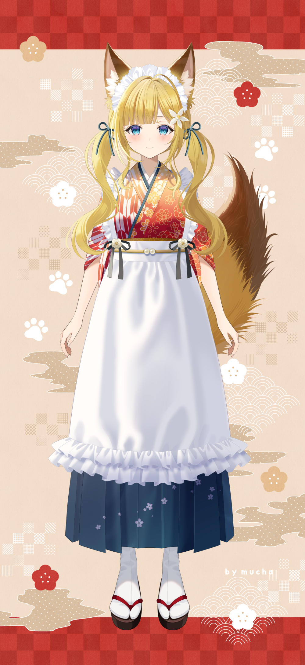 1girl, animal_ear_fluff, animal_ears, apron, artist_name, black_footwear, blonde_hair, blue_eyes