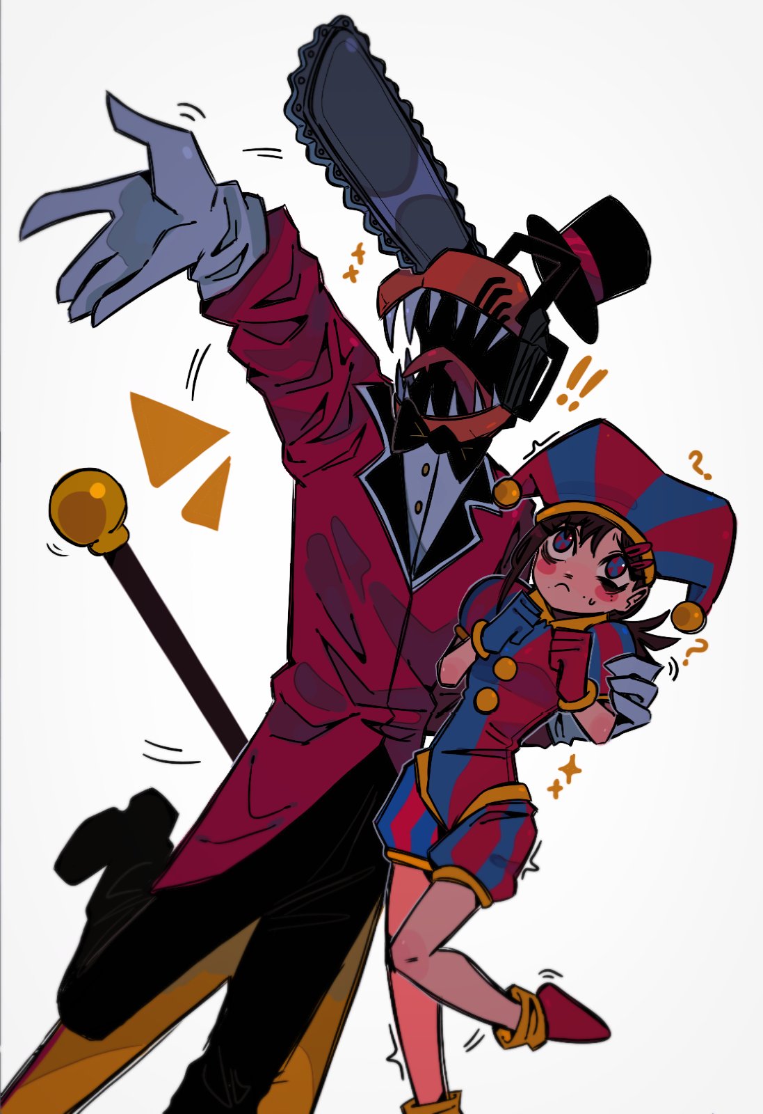 !, !!, 31ulkubo, ?, asymmetrical_gloves, black_bow, black_bowtie, blue_eyes