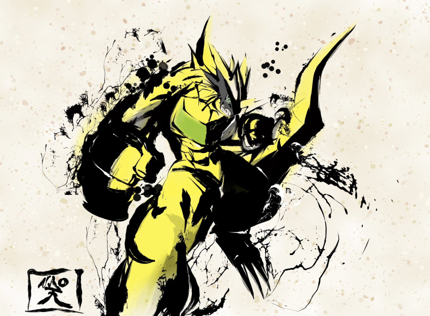 1boy, bulkmon, clenched_hands, colored_skin, digimon, digimon_(creature), eye_mask, foot_out_of_frame