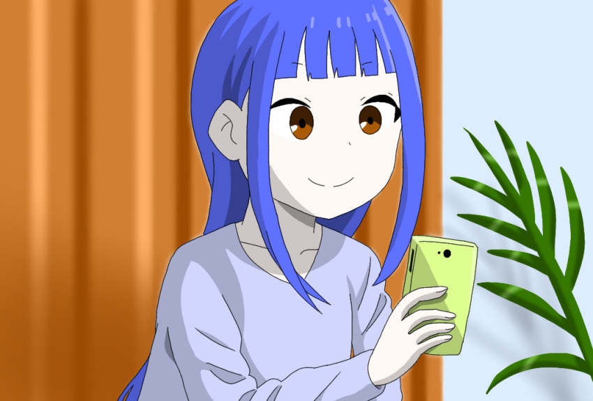 1girl, blue_hair, mobile_phone, no_glasses, oogaki_chiaki, purple_hair, sweater, t-shirt, violet_eyes, yurucamp
