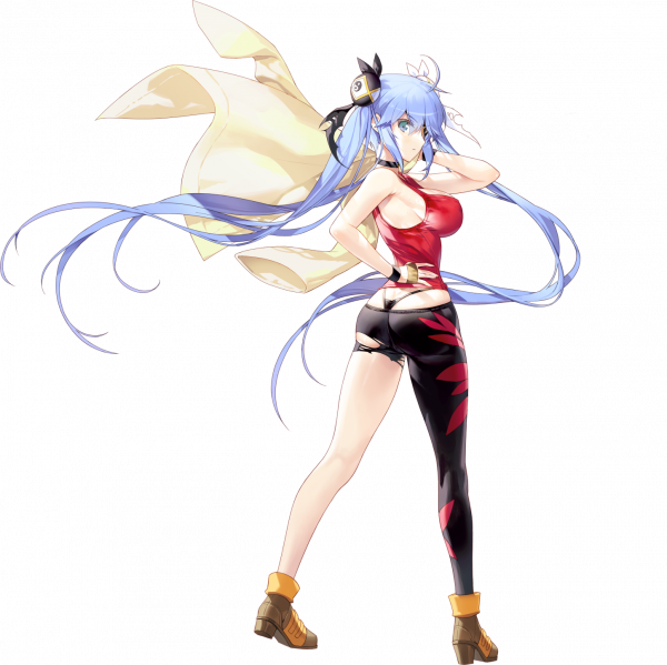 1girl, absurdly_long_hair, artist_request, asymmetrical_pants, bare_shoulders, black_choker, black_ribbon, blue_eyes, blue_hair, breasts, brown_footwear, brown_gloves, bun_cover, choker, cosplay, danngo_kobayashi, dougi, eyepatch, final_gear, fingerless_gloves, floral_print_pants, from_side, frown, g-string, gloves, hair_between_eyes, hair_bun, holding, holding_clothes, holding_jacket, jacket, karate_gi, kirishima_kanna, kirishima_kanna_(cosplay), kneepits, large_breasts, leg_up, long_hair, long_sleeves, looking_at_viewer, mismatched_pants, official_art, one_eye_covered, pants, red_tank_top, ribbon, sakura_taisen, sega, serious, sideboob, single_bare_leg, solo, standing, standing_on_one_leg, tachi-e, tank_top, third-party_source, thong, torn_clothes, torn_pants, transparent_background, twintails, twisted_torso, two-tone_footwear, v-shaped_eyebrows, very_long_hair, white_ribbon, yellow_jacket, yellow_sleeves, yin_yang, yin_yang_print