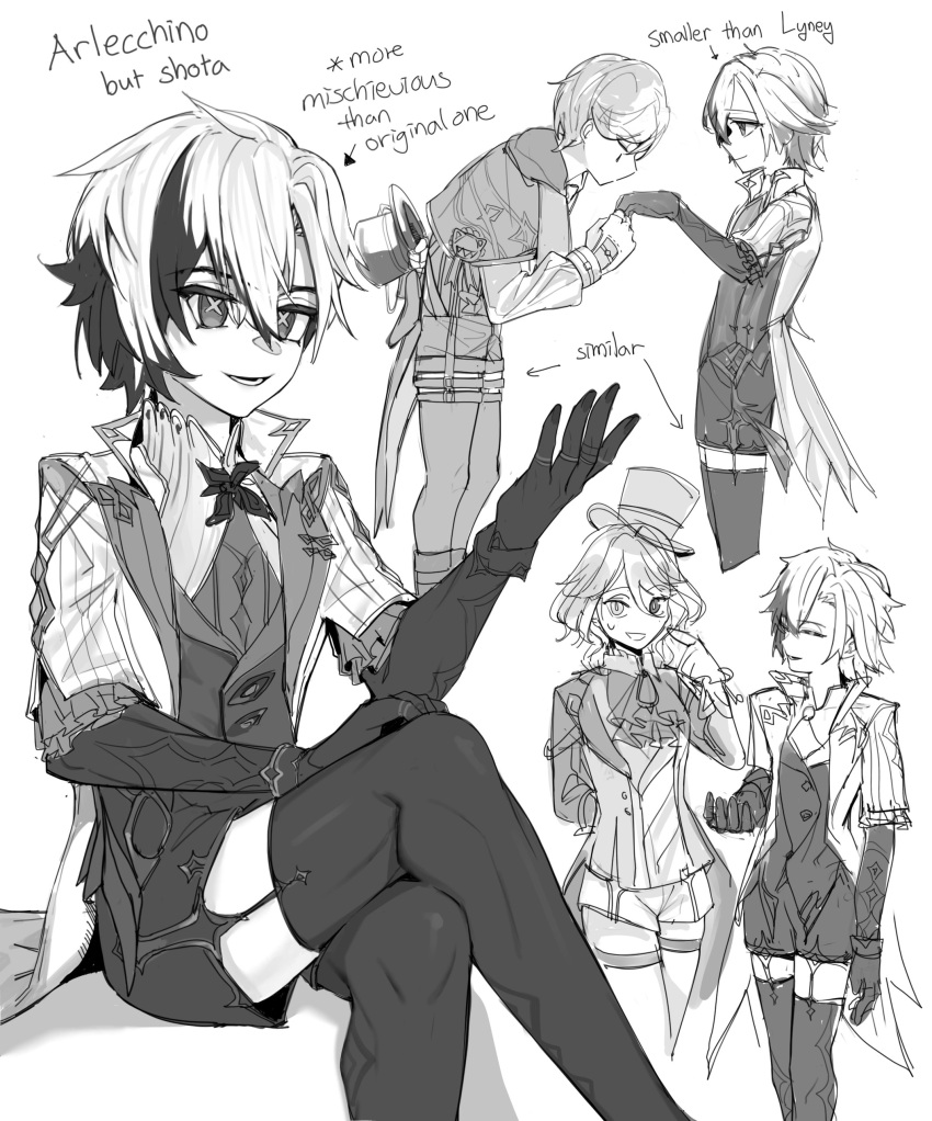 1girl, 2boys, absurdres, arlecchino_(genshin_impact), bana_gameg, coat, crossed_legs, english_commentary
