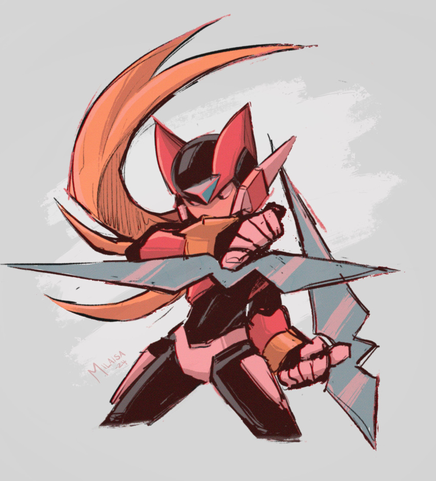 1boy, absurdres, armor, bladed_tonfa, blonde_hair, cowboy_shot, energy_blade, helmet