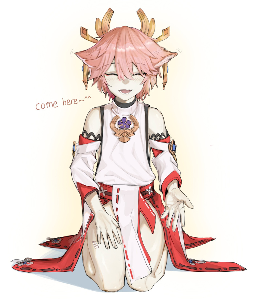 1boy, animal_ears, bana_gameg, bare_shoulders, blush, closed_eyes, detached_sleeves, earrings