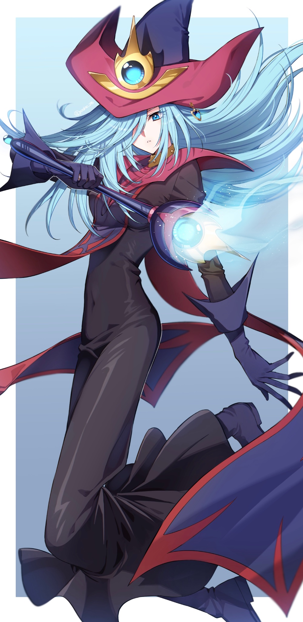 1girl, black_dress, black_hat, blue_background, blue_eyes, blue_hair, border, breasts