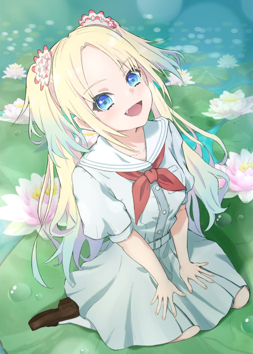 1girl, blonde_hair, blue_eyes, blue_hair, blurry, bokeh, brown_footwear, commentary, depth_of_field, dress, fang, flower, full_body, gradient_hair, hair_flower, hair_ornament, hands_on_lap, hasu_no_sora_school_uniform, highres, les_trois, light_blue_hair, lily_pad, link!_like!_love_live!, loafers, long_hair, looking_at_viewer, lotus, love_live!, medium_dress, multicolored_hair, neckerchief, osawa_rurino, parted_bangs, pink_flower, pleated_dress, red_neckerchief, sailor_collar, sailor_dress, school_uniform, shoes, short_sleeves, sitting, solo, summer_uniform, twintails, virtual_youtuber, wariza, water_drop, white_dress, white_flower, white_sailor_collar