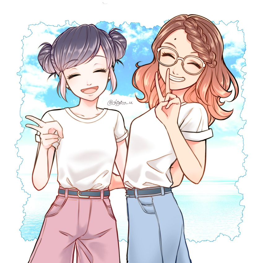2girls, alya_cesaire, blue_hair, blue_pants, blue_sky, brown_hair, chigico_u, closed_eyes