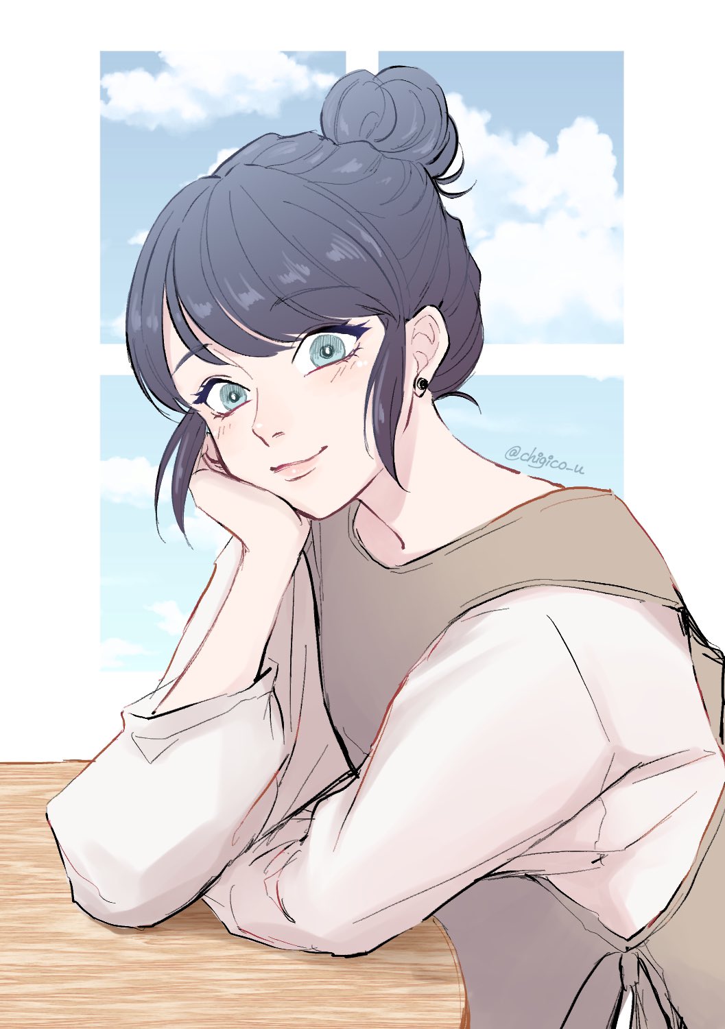 1girl, blue_eyes, blue_hair, blue_sky, chigico_u, closed_mouth, clouds, cloudy_sky