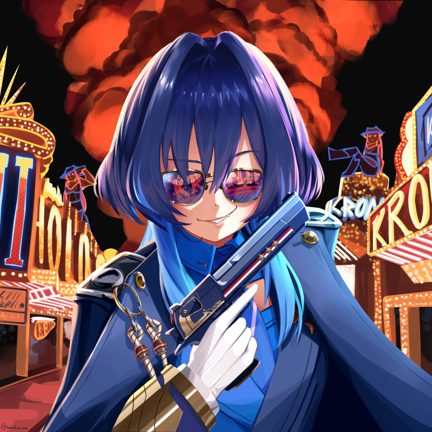1girl, absurdres, blue_hair, casino, character_name, coat, colored_inner_hair, commentary