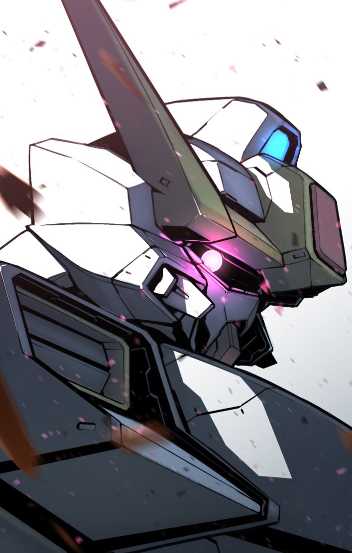 debris, from_side, glowing, glowing_eye, gundam, kuri_giepi, looking_at_viewer, mecha