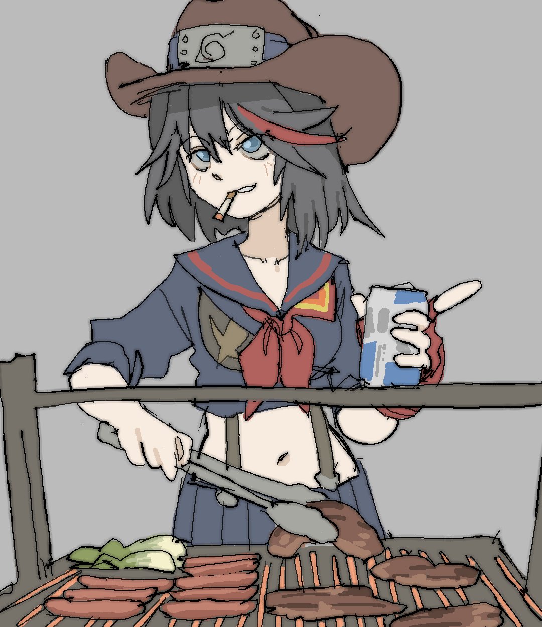 1girl, beer_can, breasts, can, chorizo, cigarette, drink_can, fingerless_gloves, food, gloves, grey_background, grill, grill_la_grill_(meme), highres, holding, holding_can, kill_la_kill, konohagakure_symbol, matoi_ryuuko, meat, meme, mexico, naruto, naruto_(series), navel, pantsu-ripper, simple_background, skirt, solo