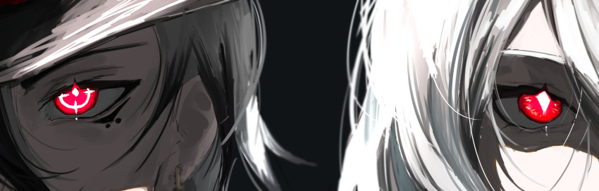 1boy, 1girl, absurdres, acheron_(honkai:_star_rail), black_background, black_hair, boothill_(honkai:_star_rail), bright_pupils