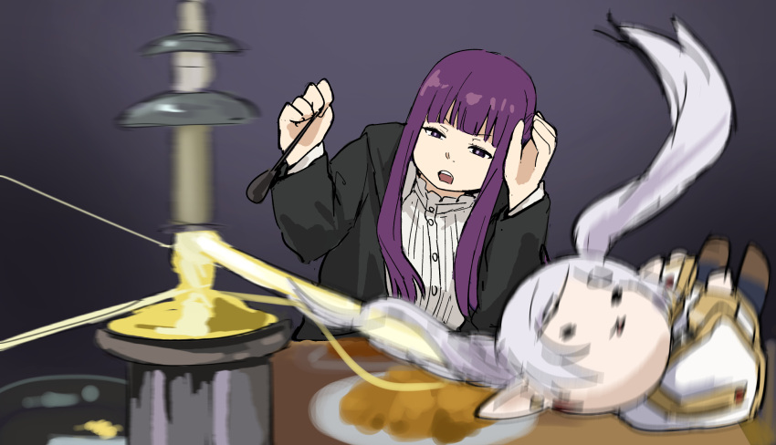 2girls, black_robe, blurry, capelet, cheese, commentary_request, dress, earrings