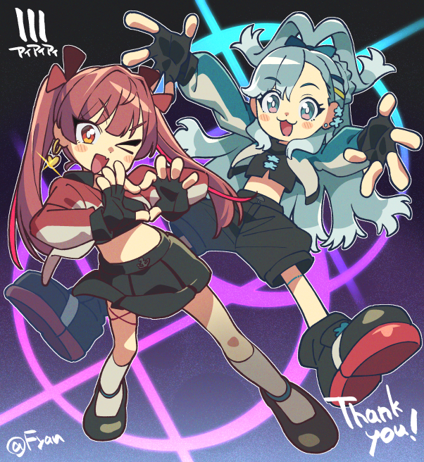 2girls, :3, black_gloves, black_shirt, black_shorts, black_skirt, blue_eyes, blue_hair, blue_jacket, chibi, colored_tips, commentary_request, crop_top, cropped_jacket, earrings, fingerless_gloves, full_body, fyan_sui, gloves, gradient_background, heart, heart_earrings, heart_hands, heart_pendant, heterochromia, hololive, hololive_indonesia, houshou_marine, iii_(hololive), jacket, jewelry, kobo_kanaeru, long_hair, multicolored_clothes, multicolored_hair, multicolored_jacket, multiple_girls, open_clothes, open_jacket, pleated_skirt, red_eyes, red_jacket, redhead, shirt, shorts, skirt, twintails, twitter_username, two-tone_hair, two-tone_jacket, virtual_youtuber, wavy_hair, white_hair, white_jacket, yellow_eyes