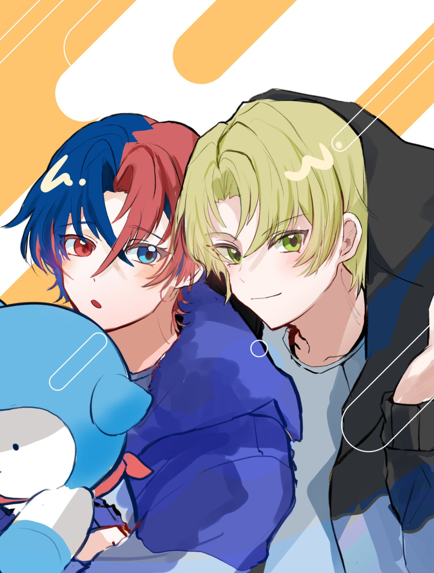 2boys, alear_(fire_emblem), alear_(male)_(fire_emblem), alternate_costume, blonde_hair, blue_eyes, blue_fur, blue_hair, crossed_bangs, f_e_13, fire_emblem, fire_emblem_engage, green_eyes, highres, multicolored_hair, multiple_boys, red_eyes, redhead, two-tone_fur, two-tone_hair, white_fur