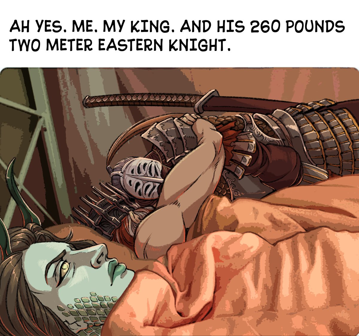 1girl, 2boys, 500_dollar_four_foot_tall_mareep_(meme), armor, bed, blanket, crown, dark_souls_(series)