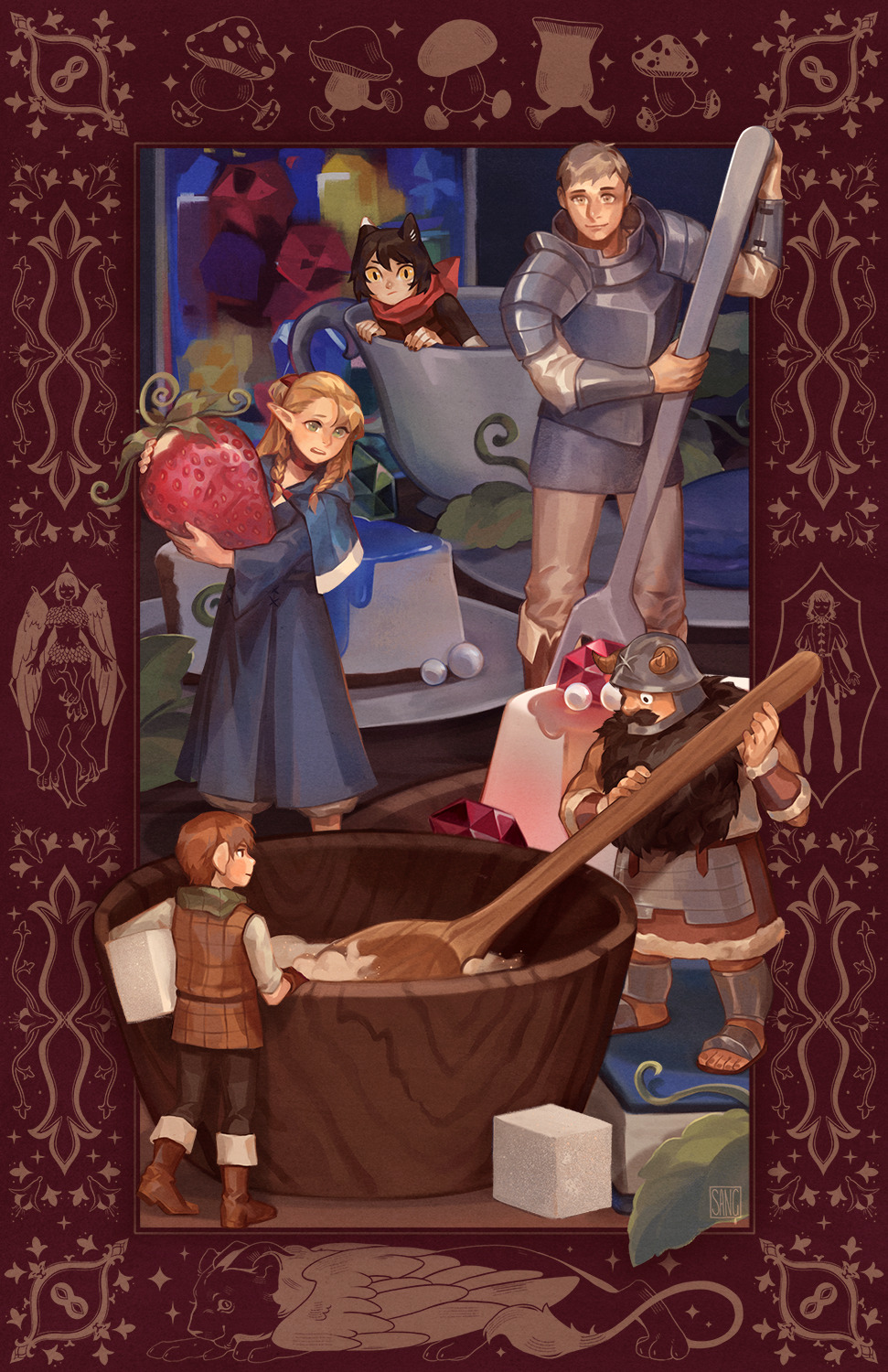 2girls, 3boys, armor, beard, book, chilchuck_tims, cooking, cup