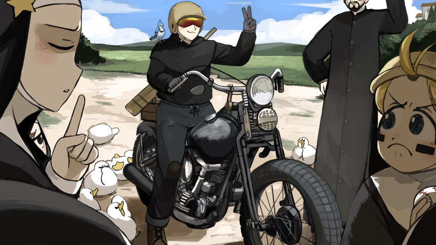2boys, 5girls, bird, black_gloves, black_pants, blonde_hair, blue_eyes, blue_jay