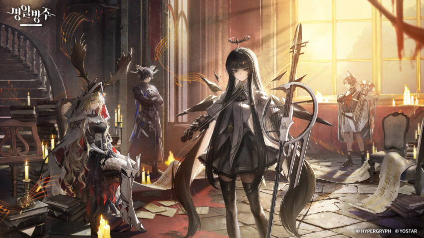 2boys, 2girls, absurdres, adjusting_collar, ahoge, animal_ears, antlers, antlers_through_headwear