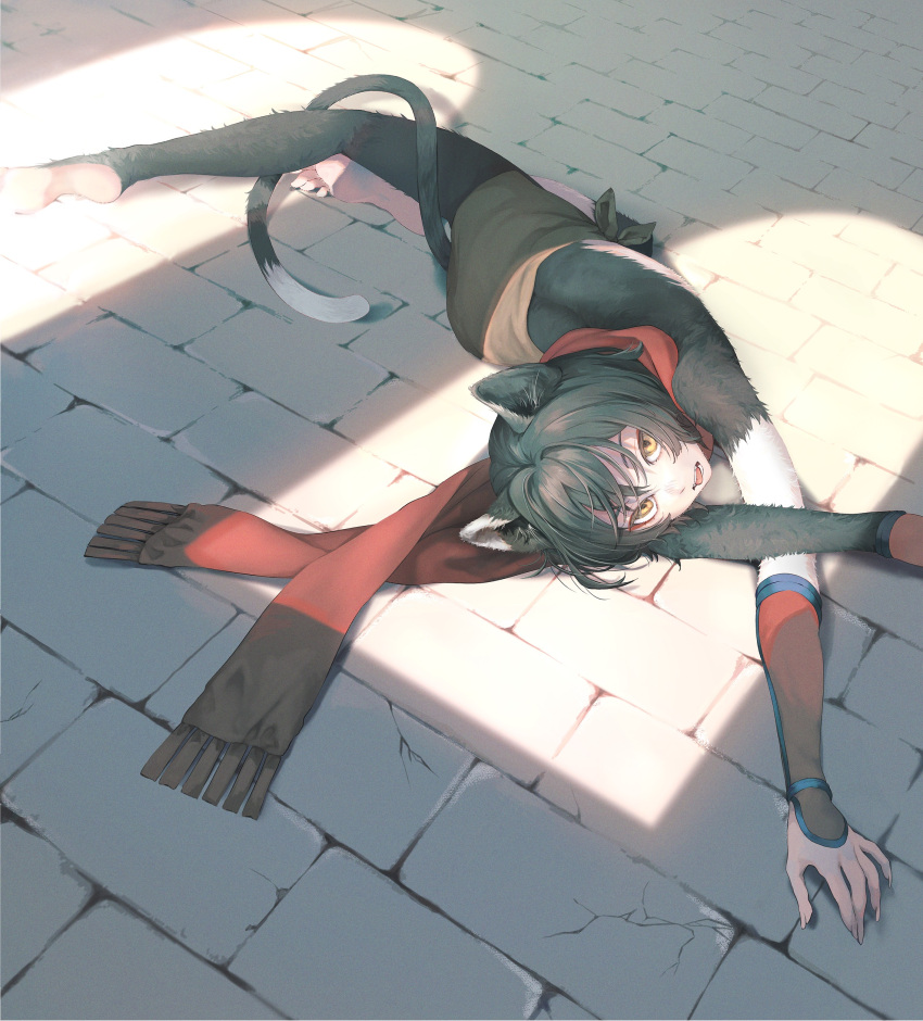 1girl, 8root5, absurdres, animal_ears, barefoot, black_fur, black_hair, body_fur, cat_ears, cat_girl, cat_tail, commentary, dungeon_meshi, full_body, highres, izutsumi, looking_at_viewer, lying, on_floor, on_side, red_scarf, scarf, short_hair, soles, solo, tail, toes, tongue, yellow_eyes