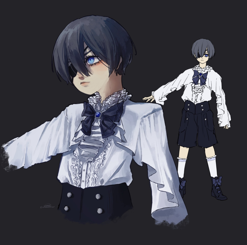 1boy, black_background, black_footwear, black_shorts, blue_bow, blue_eyes, blue_hair, blush