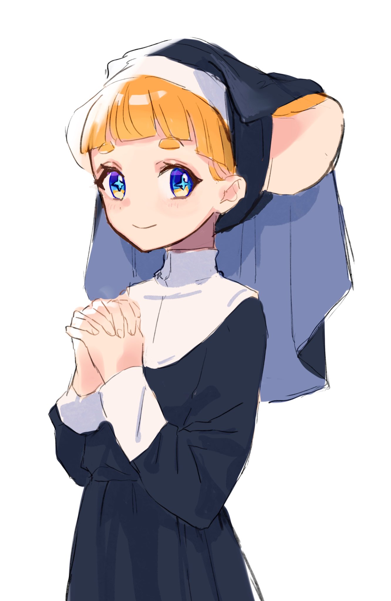 +_+, 1girl, alternate_costume, animal_ears, black_dress, black_veil, blue_eyes, blunt_bangs
