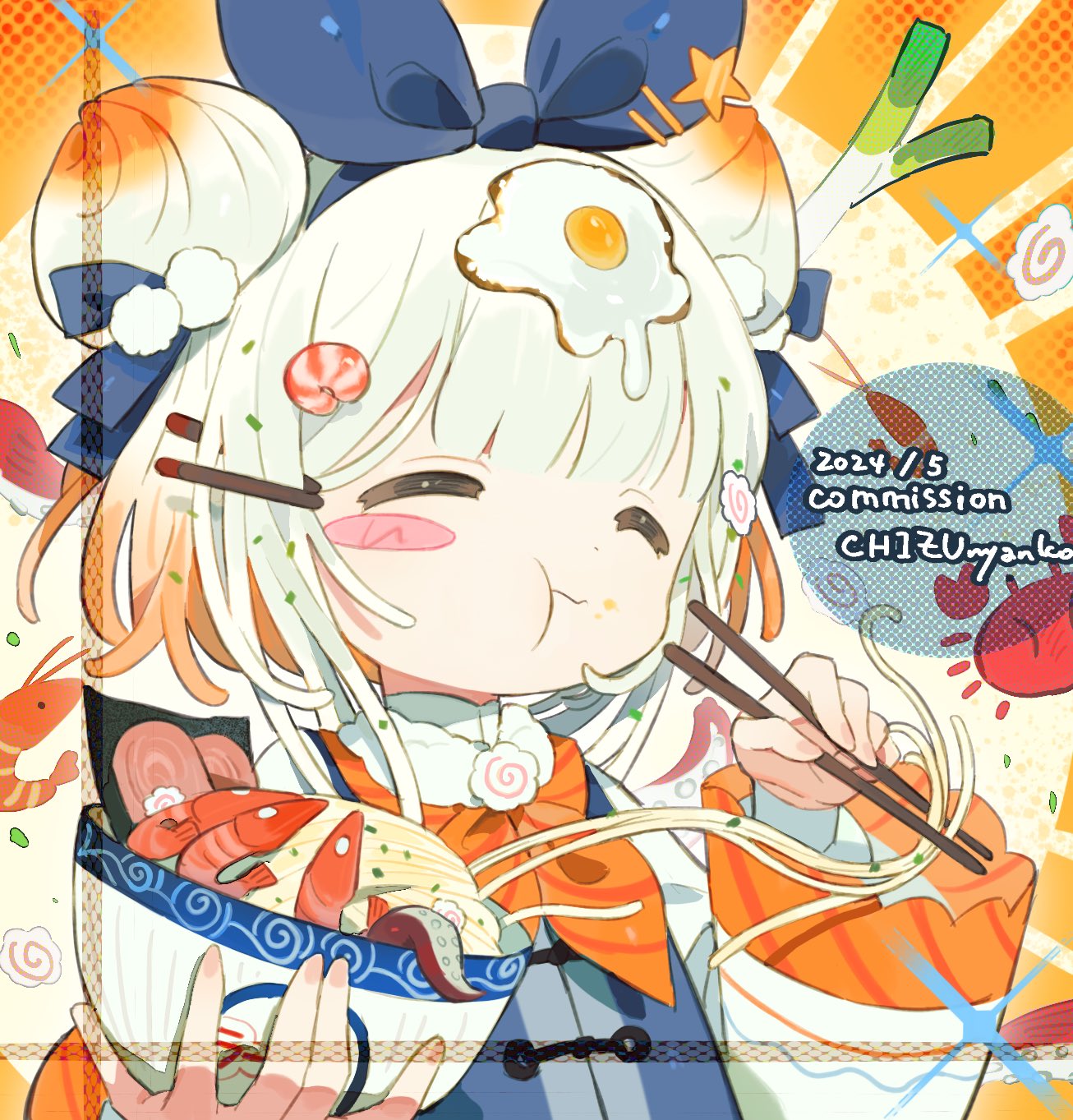 1girl, 2024, :t, artist_name, baozi, blue_bow, blue_vest, blunt_bangs, blush_stickers, bow, bowl, chizunyanko, chopsticks, closed_eyes, closed_mouth, collared_shirt, commission, crab, dated, double_bun, eating, egg_hair_ornament, food, food-themed_hair, food-themed_hair_ornament, food_on_face, food_on_head, fried_egg, gradient_hair, hair_bow, hair_bun, hair_ornament, hairclip, highres, holding, holding_bowl, holding_chopsticks, kamaboko, long_sleeves, multicolored_hair, narutomaki, narutomaki_hair_ornament, neck_ribbon, noodles, nori_(seaweed), object_on_head, orange_background, orange_hair, orange_ribbon, original, ramen, ribbon, seaweed, shirt, short_hair, shrimp, shrimp_hair_ornament, single_blush_sticker, solo, spring_onion, two-tone_hair, upper_body, vest, white_hair, white_shirt, wide_sleeves