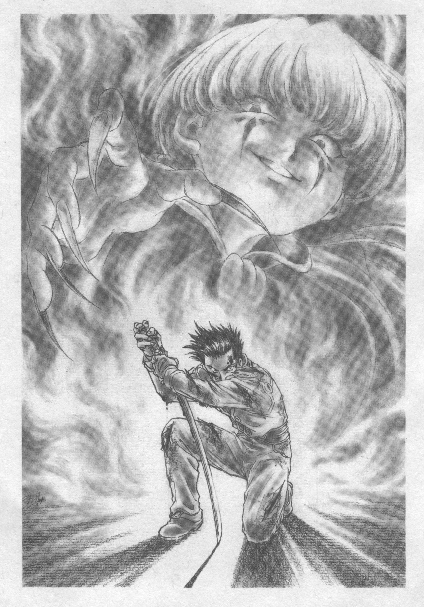 2boys, absurdres, angry, belt, bowl_cut, character_request, claws, facial_mark