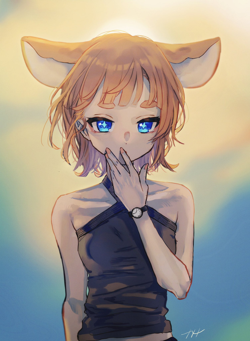 +_+, 1girl, alternate_costume, animal_ears, artist_name, bare_shoulders, blue_eyes, blue_shirt, blunt_bangs, breasts, bright_pupils, collarbone, crop_top, extra_ears, fingernails, halter_shirt, halterneck, hand_to_own_mouth, hand_up, highres, indie_virtual_youtuber, mau-chan_(7name), mouse_ears, mouse_girl, nail_polish, naname_(7name), orange_hair, original, shirt, signature, sleeveless, sleeveless_shirt, small_breasts, solo, thick_eyebrows, tight_clothes, tight_shirt, upper_body, virtual_youtuber, watch, watch