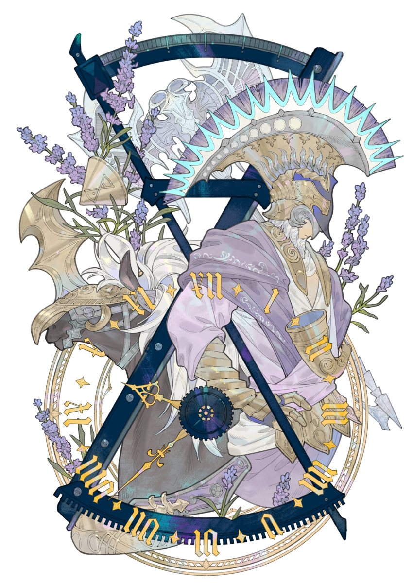 1boy, absurdres, althyk, beard, clock, clock_hands, covered_eyes, cropped_torso