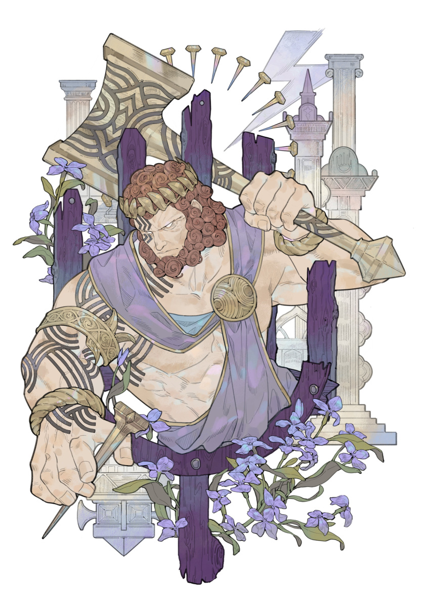 1boy, abs, absurdres, arm_tattoo, armlet, beard, blank_eyes, bracelet, brown_hair, building, byregot_(ff14), chest_tattoo, column, cropped_torso, curly_hair, facial_hair, facial_tattoo, final_fantasy, final_fantasy_xiv, flower, hammer, headband, highres, holding, holding_hammer, holding_nail, jewelry, lege_bushi_shiwu, male_focus, muscular, muscular_male, nail, pectorals, pillar, purple_flower, purple_sash, sash, short_hair, solo, tattoo, upper_body