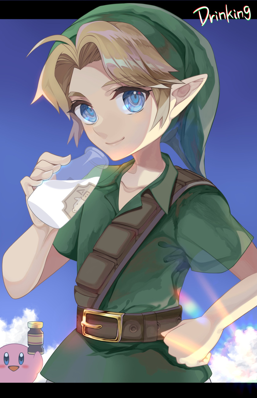 2boys, absurdres, ao_hito, belt, blonde_hair, blue_eyes, brown_belt, green_tunic