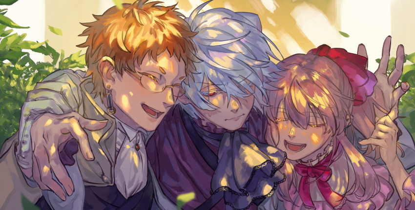 1girl, 2boys, ascot, blonde_hair, bow, bowtie, bush, closed_eyes