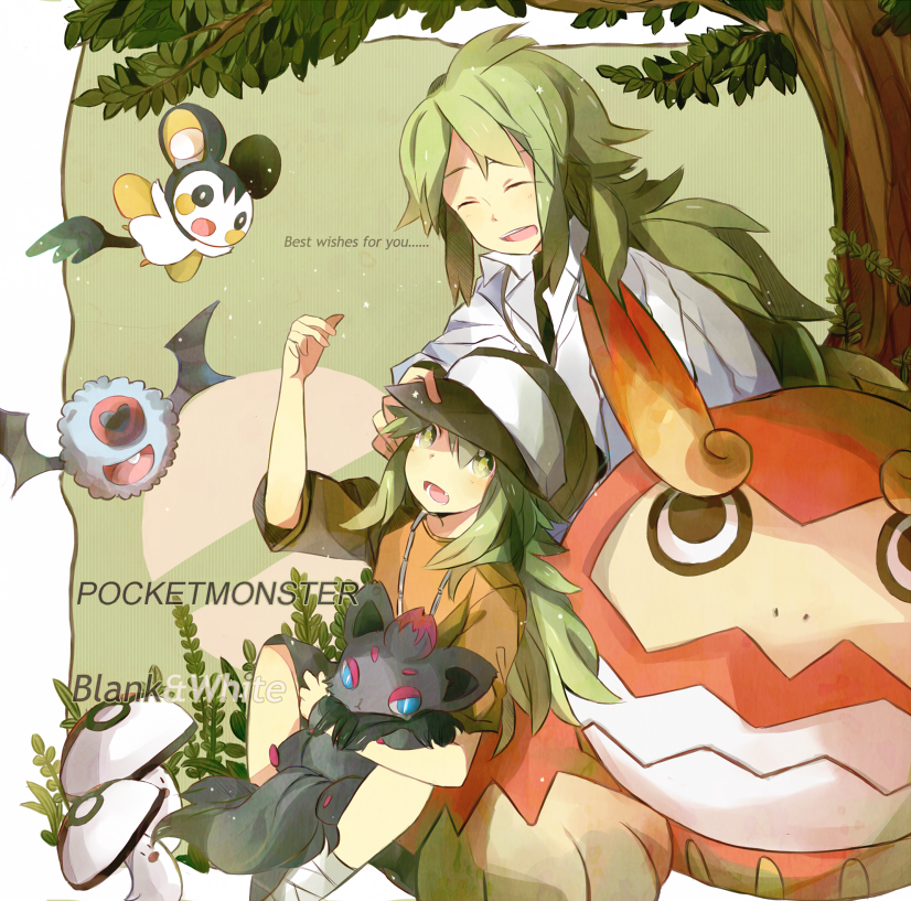 baseball_cap, child, closed_eyes, darmanitan, emolga, foongus, green_hair, grin, hat, jewelry, kashi_(number), n_(pokemon), necklace, pokemon, pokemon_(creature), pokemon_(game), pokemon_black_and_white, pokemon_bw, smile, tree, woobat, zorua