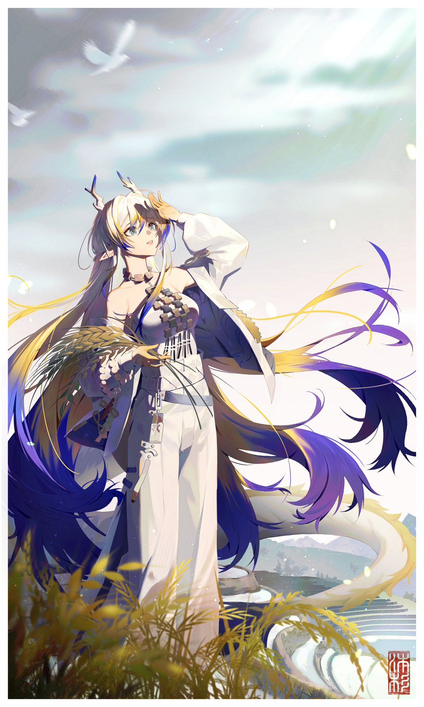 1girl, absurdly_long_hair, absurdres, arknights, arm_up, bare_shoulders, bird, blonde_hair