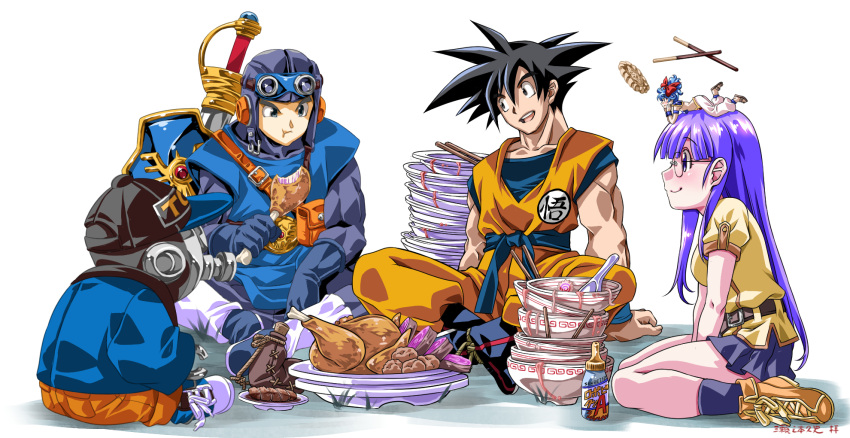 2girls, 3boys, baseball_cap, black_eyes, black_hair, blue_hair, blue_tunic, bowl