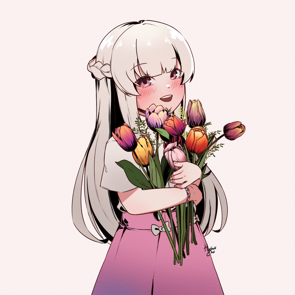 1girl, blush, bow, bow_skirt, braid, flower, french_braid, grey_hair, holding, holding_flower, hydraix_choi, liv_(punishing:_gray_raven), long_hair, open_mouth, orange_flower, orange_tulip, pink_eyes, pink_flower, pink_skirt, pink_tulip, punishing:_gray_raven, purple_flower, purple_tulip, red_flower, red_tulip, short_sleeves, sidelocks, signature, skirt, solo, teeth, tulip, upper_teeth_only, white_bow, white_hair