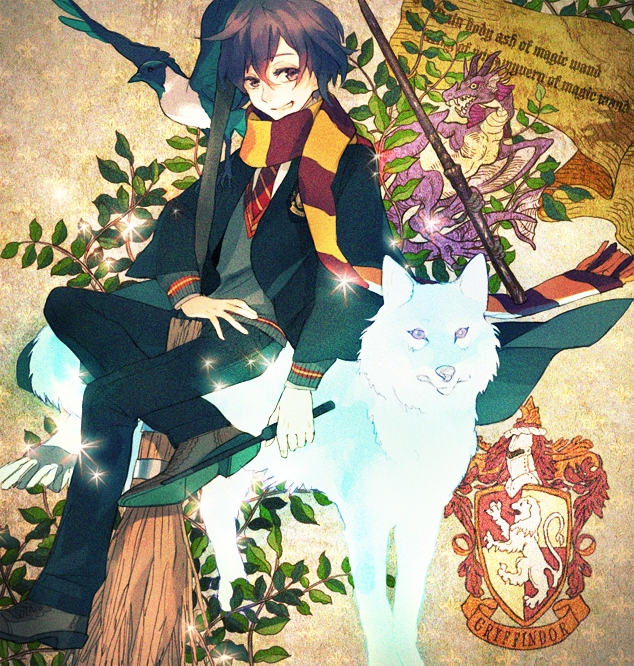bird, broom, dragon, harry_potter, male, necktie, scarf, school_uniform