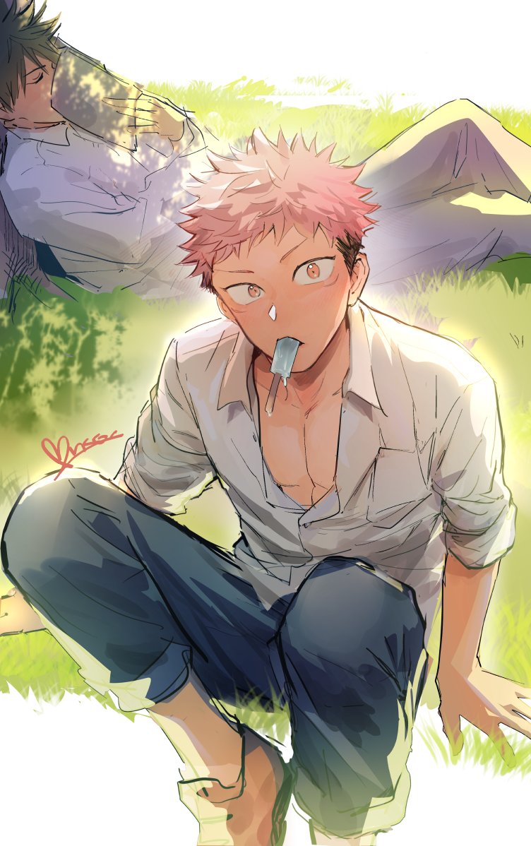 2boys, black_hair, breast_pocket, brown_footwear, feet_out_of_frame, food, food_in_mouth, foot_out_of_frame, fushiguro_megumi, itadori_yuuji, juju_net, jujutsu_kaisen, leaning_on_object, long_sleeves, looking_at_viewer, male_focus, multiple_boys, on_grass, orange_eyes, pectoral_cleavage, pectorals, pink_hair, pocket, popsicle, popsicle_in_mouth, shirt, short_hair, signature, undercut, white_shirt