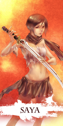 black_hair, blood, blood+, katana, lowres, miau, otonashi_saya, red_eyes, scarf, short_hair, skirt, sword, torn_clothes, weapon