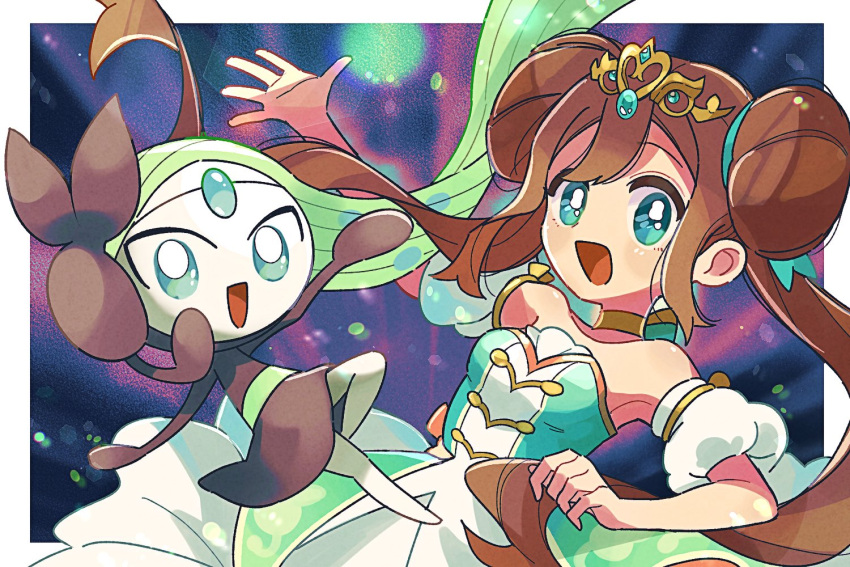 1girl, :d, bare_shoulders, brown_hair, double_bun, dress, green_dress, green_eyes