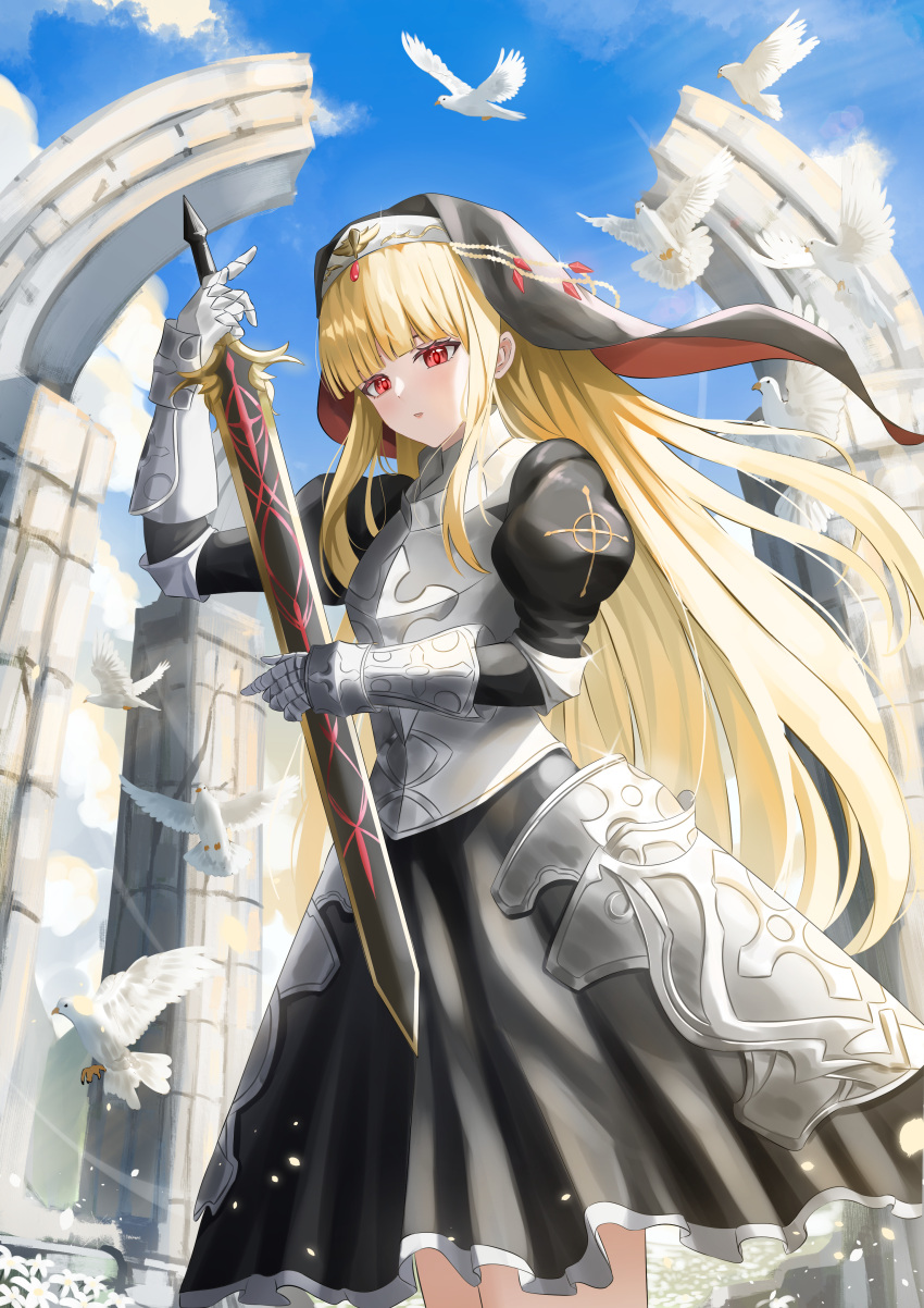 1girl, absurdres, angelica_(brown_dust), armored_skirt, bird, black_dress, black_skirt, blonde_hair