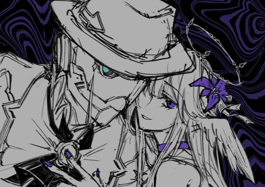 1boy, 1girl, abstract_background, alternate_species, ascot, bare_shoulders, blue_eyes, choker