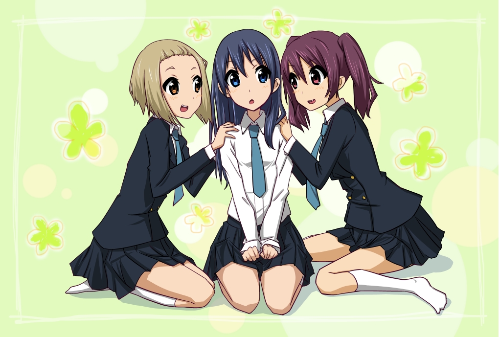 bad_id, blue_eyes, blue_hair, brown_eyes, brown_hair, k-on!, kajiwara_sora, kneehighs