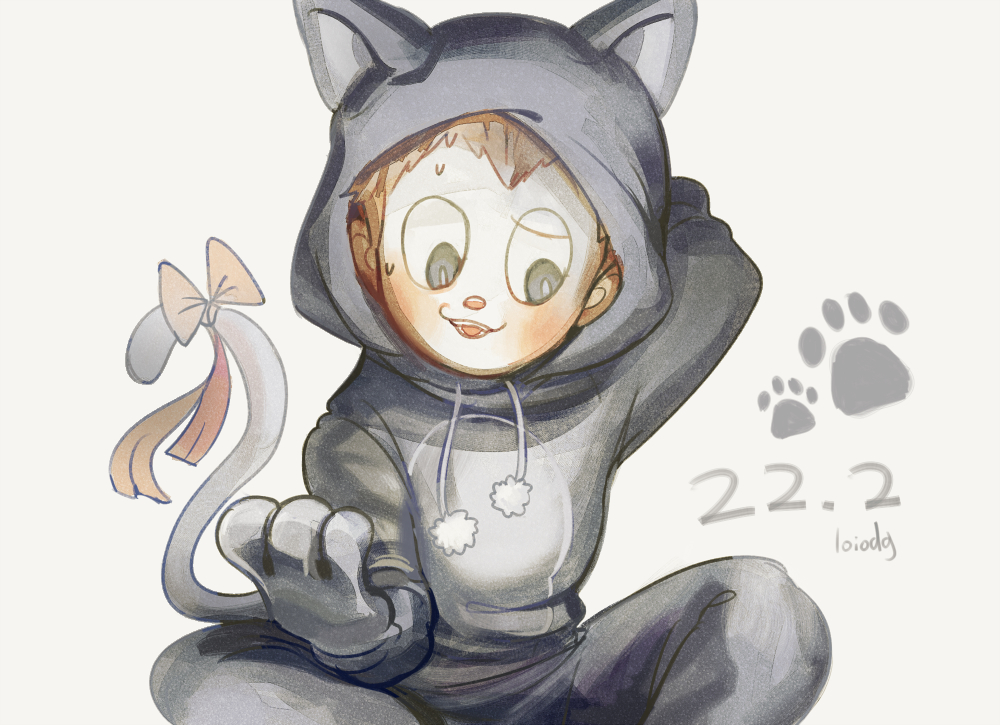 1boy, animal_costume, animal_ear_hood, animal_ears, animal_hands, arm_behind_head, artist_name, black_eyes