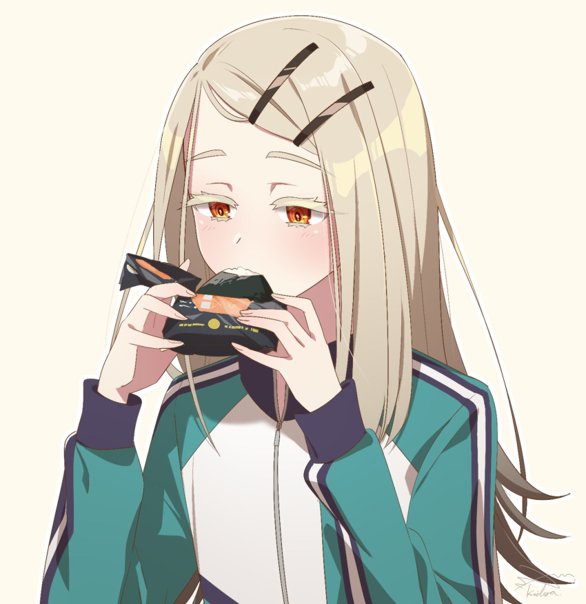 1girl, blush, eating, food, gakuen_idolmaster, gradient_hair, grey_hair, hair_ornament